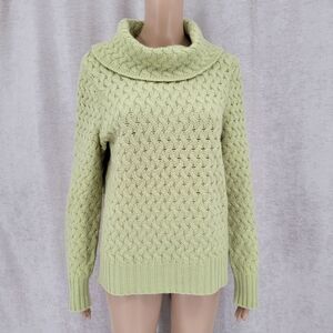 Harold's Cashmere Wasabi Spring Green Cable Knit Pointelle Cowl Neck Sweater